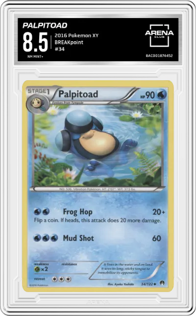 Palpitoad from the 2016 Pokemon XY set graded by Arena Club and given an overall grade of 8.5.