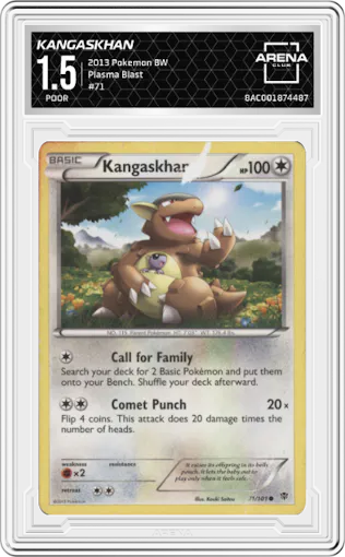 Kangaskhan from the 2013 Pokemon BW set graded by Arena Club and given an overall grade of 1.5.