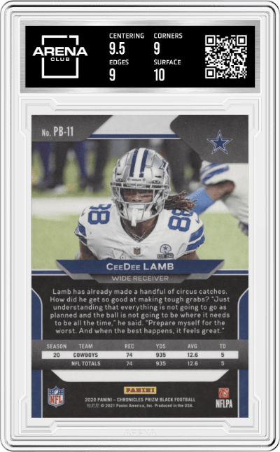 CeeDee Lamb from the 2020 Panini Chronicles set graded by Arena Club and given an overall grade of 9.5.