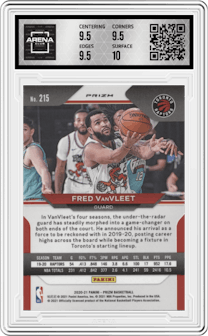 Fred VanVleet from the 2020-21 Panini Prizm set featuring a Red White Blue Prizm parallel graded by Arena Club and given an overall grade of 10.