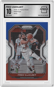 Fred VanVleet from the 2020-21 Panini Prizm set featuring a Red White Blue Prizm parallel graded by Arena Club and given an overall grade of 10.