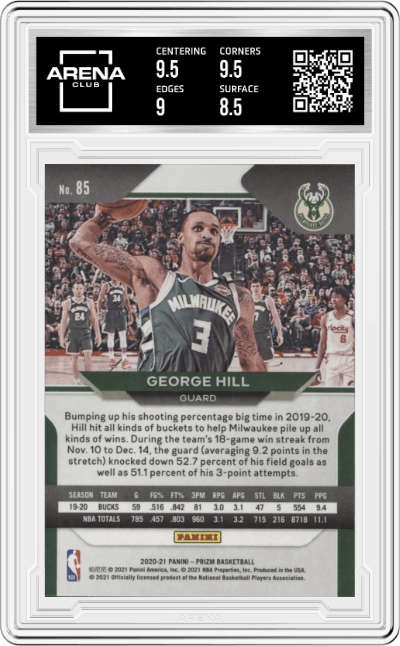 George Hill from the 2020-21 Panini Prizm set graded by Arena Club and given an overall grade of 9.
