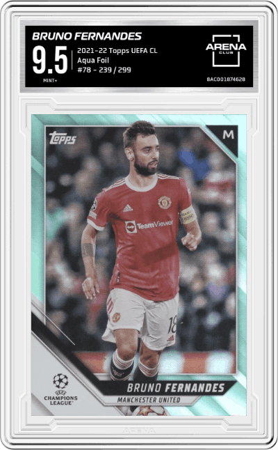 Bruno Fernandes from the 2021-22 Topps UEFA CL set featuring a Aqua Foil  parallel graded by Arena Club and given an overall grade of 9.5.