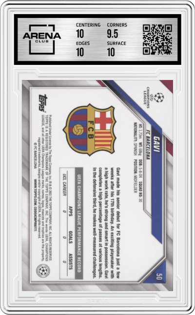 Gavi from the 2021-22 Topps UEFA CL set featuring a Starball Foil  parallel graded by Arena Club and given an overall grade of 10.