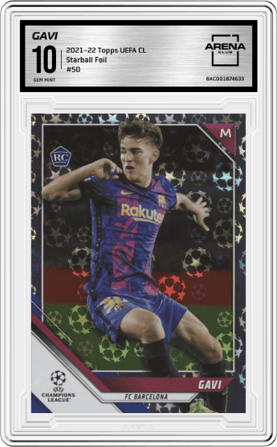 Gavi from the 2021-22 Topps UEFA CL set featuring a Starball Foil  parallel graded by Arena Club and given an overall grade of 10.