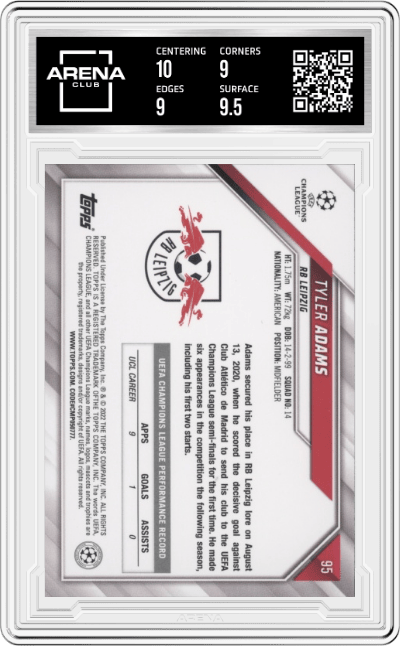 Tyler Adams from the 2021-22 Topps UEFA CL set featuring a Starball Foil  parallel graded by Arena Club and given an overall grade of 9.5.