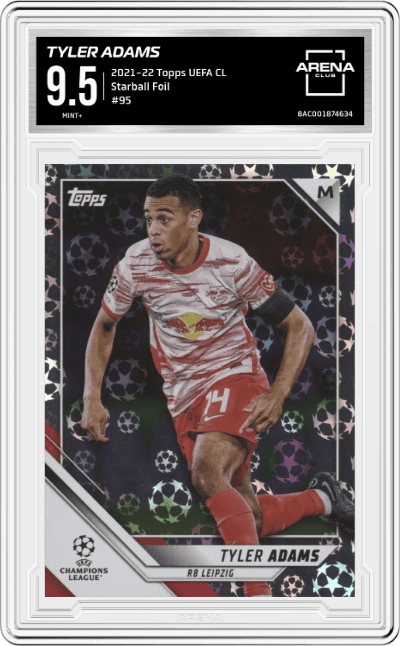 Tyler Adams from the 2021-22 Topps UEFA CL set featuring a Starball Foil  parallel graded by Arena Club and given an overall grade of 9.5.