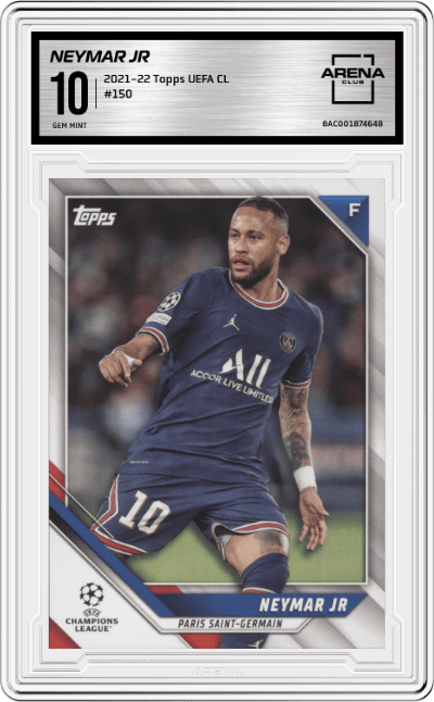 Neymar Jr from the 2021-22 Topps UEFA CL set graded by Arena Club and given an overall grade of 10.