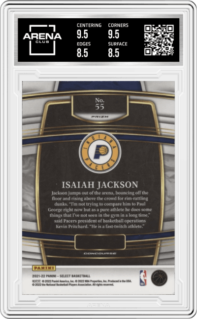 Isaiah Jackson from the 2021-22 Panini Select set featuring a Tri-Color Prizm parallel graded by Arena Club and given an overall grade of 9.