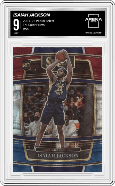 Isaiah Jackson from the 2021-22 Panini Select set featuring a Tri-Color Prizm parallel graded by Arena Club and given an overall grade of 9.
