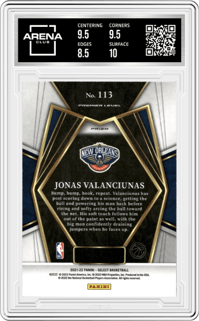 Jonas Valanciunas from the 2021-22 Panini Select set featuring a Tri-Color Prizm parallel graded by Arena Club and given an overall grade of 9.