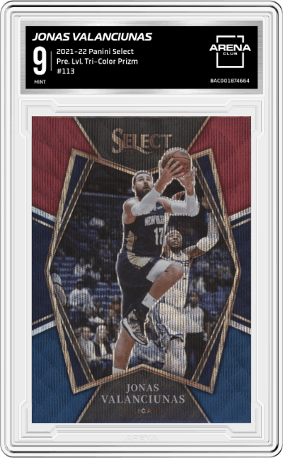 Jonas Valanciunas from the 2021-22 Panini Select set featuring a Tri-Color Prizm parallel graded by Arena Club and given an overall grade of 9.