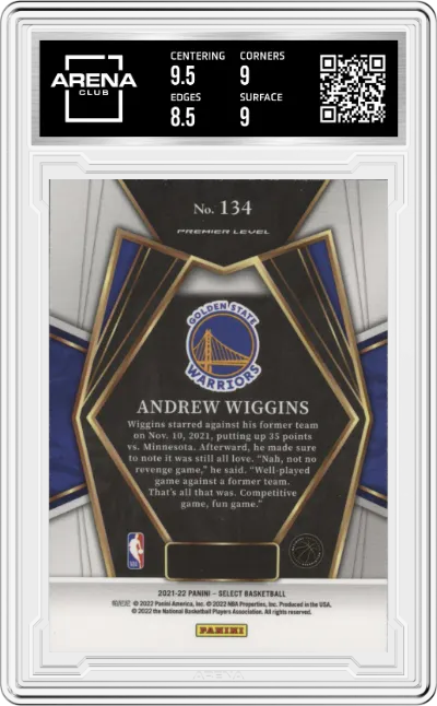Andrew Wiggins from the 2021-22 Panini Select set graded by Arena Club and given an overall grade of 9.