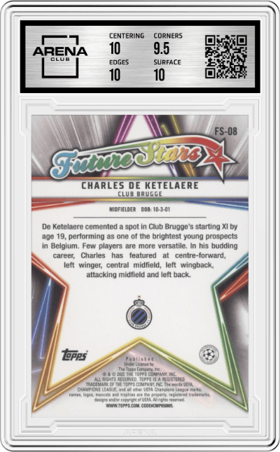 Charles De Ketelaere from the 2021-22 Topps UEFA CL set graded by Arena Club and given an overall grade of 10.
