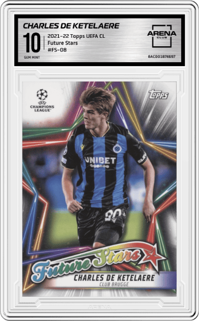 Charles De Ketelaere from the 2021-22 Topps UEFA CL set graded by Arena Club and given an overall grade of 10.