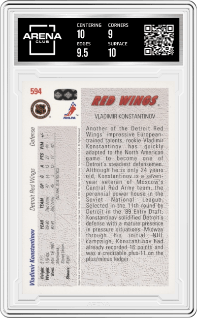 Vladimir Konstantinov from the 1991-92 Upper Deck set graded by Arena Club and given an overall grade of 9.5.