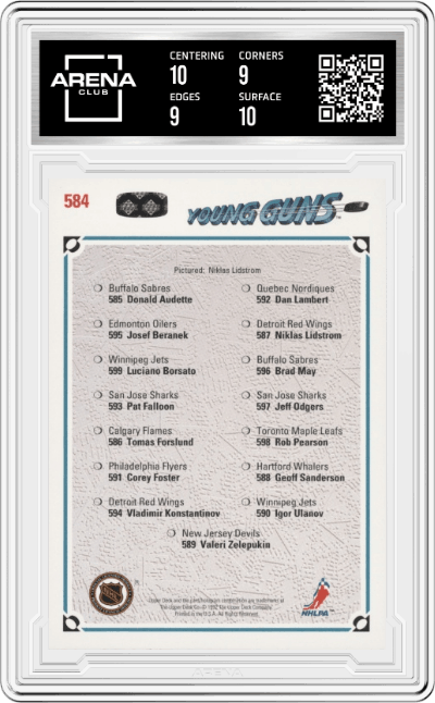 Niklas Lidstrom from the 1991-92 Upper Deck set graded by Arena Club and given an overall grade of 9.5.