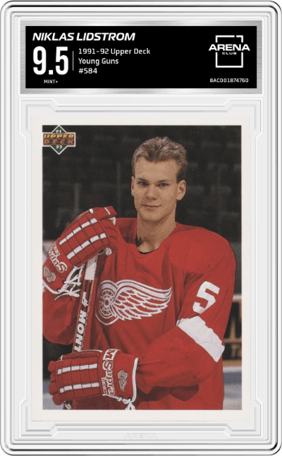 Niklas Lidstrom from the 1991-92 Upper Deck set graded by Arena Club and given an overall grade of 9.5.