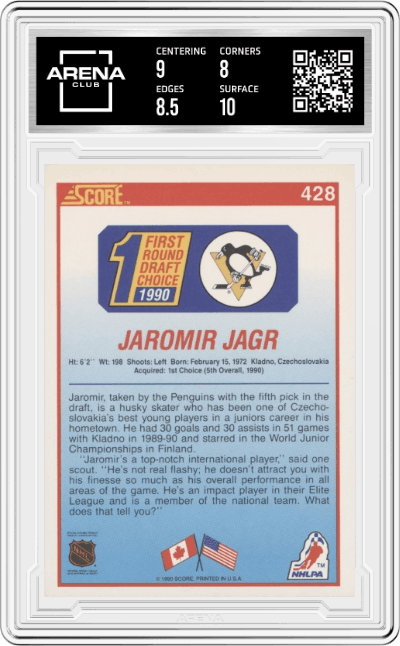  Jaromir Jagr  from the 1990-91 Score set graded by Arena Club and given an overall grade of 8.5.