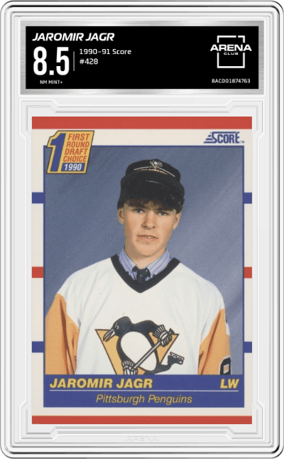  Jaromir Jagr  from the 1990-91 Score set graded by Arena Club and given an overall grade of 8.5.