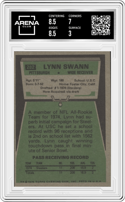 Lynn Swann from the 1975 Topps  set graded by Arena Club and given an overall grade of 3.5.