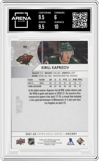 Kirill Kaprizov from the 2021-22 Upper Deck Series 1 set graded by Arena Club and given an overall grade of 6.5.