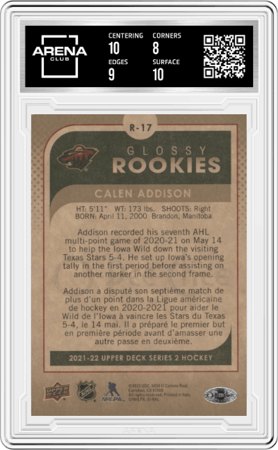 Calen Addison from the 2021-22 Upper Deck Series 2 set featuring a Gold parallel graded by Arena Club and given an overall grade of 8.5.