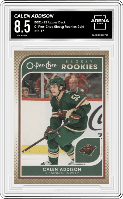 Calen Addison from the 2021-22 Upper Deck Series 2 set featuring a Gold parallel graded by Arena Club and given an overall grade of 8.5.