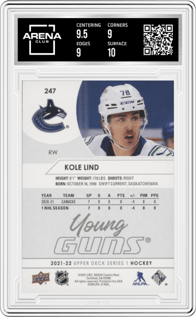 Kole Lind from the 2021-22 Upper Deck Series 1 set graded by Arena Club and given an overall grade of 9.5.
