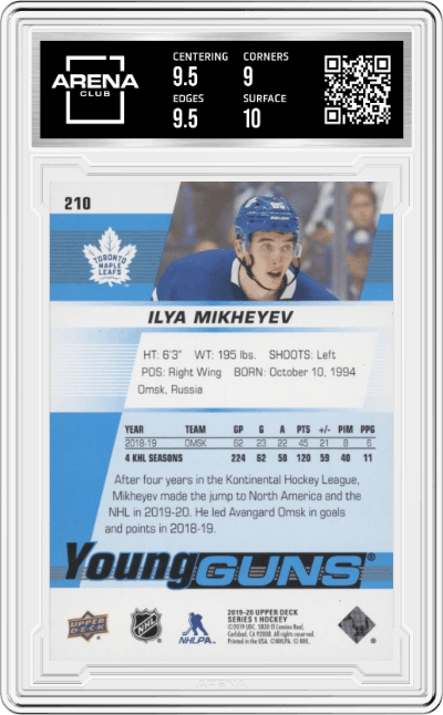 Ilya Mikheyev from the 2019-20 Upper Deck Series 1 set graded by Arena Club and given an overall grade of 9.5.