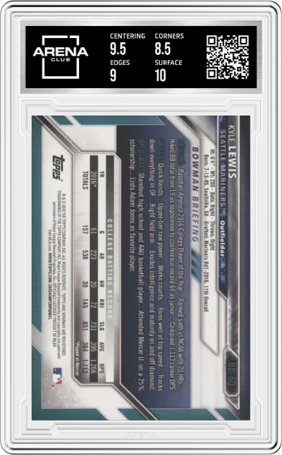 Kyle Lewis from the 2016 Bowman Draft set graded by Arena Club and given an overall grade of 9.