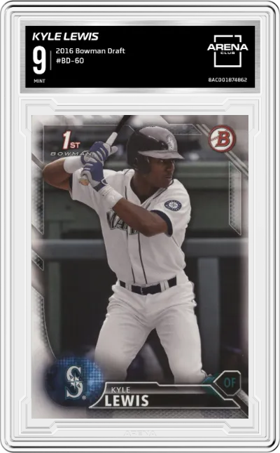Kyle Lewis from the 2016 Bowman Draft set graded by Arena Club and given an overall grade of 9.