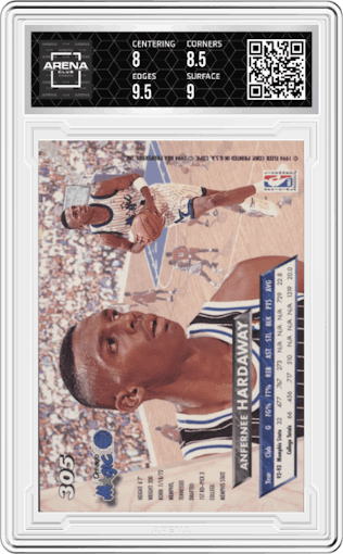 Anfernee Hardaway from the 1993-94 Fleer Ultra set graded by Arena Club and given an overall grade of 8.5.