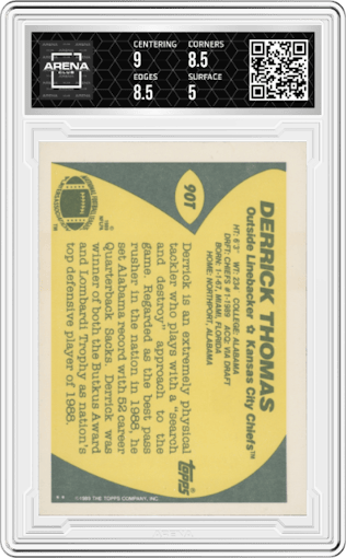 Derrick Thomas from the 1989 Topps Traded set graded by Arena Club and given an overall grade of 5.5.