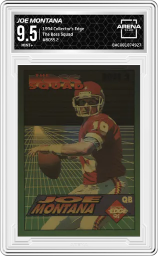 Joe Montana from the 1994 Collector's Edge set graded by Arena Club and given an overall grade of 9.5.