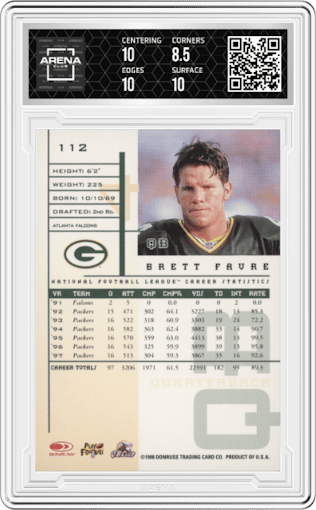 Brett Favre from the 1998 Leaf Rookies & Stars set graded by Arena Club and given an overall grade of 9.
