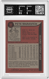 Pete Maravich from the 1979-80 Topps Basketball set graded by Arena Club and given an overall grade of 6.5.