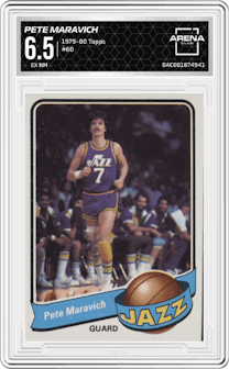 Pete Maravich from the 1979-80 Topps Basketball set graded by Arena Club and given an overall grade of 6.5.