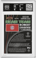 Robert Lewandowski from the 2021-22 Topps Stadium Club Chrome UEFA Champions League set featuring a Black Refractor parallel graded by Arena Club and given an overall grade of 9.5.