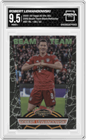Robert Lewandowski from the 2021-22 Topps Stadium Club Chrome UEFA Champions League set featuring a Black Refractor parallel graded by Arena Club and given an overall grade of 9.5.