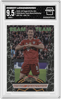 Robert Lewandowski from the 2021-22 Topps Stadium Club Chrome UEFA Champions League set featuring a Black Refractor parallel graded by Arena Club and given an overall grade of 9.5.