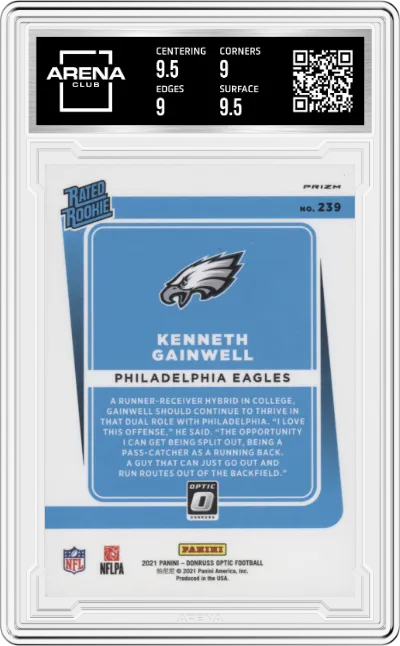 Kenneth Gainwell from the 2021 Panini Donruss Optic set featuring a Holo parallel graded by Arena Club and given an overall grade of 9.5.