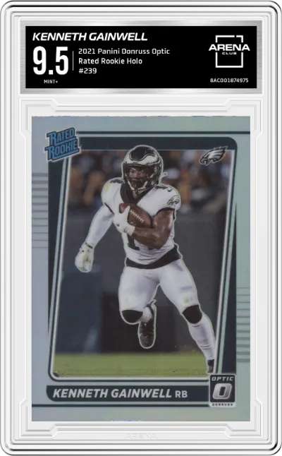 Kenneth Gainwell from the 2021 Panini Donruss Optic set featuring a Holo parallel graded by Arena Club and given an overall grade of 9.5.