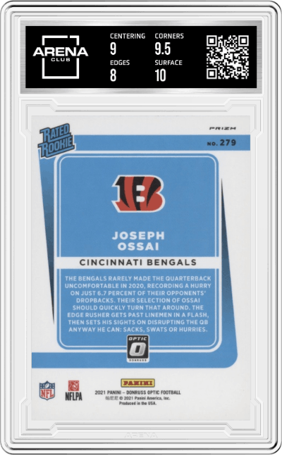 Joseph Ossai from the 2021 Panini Donruss Optic set featuring a Purple Shock parallel graded by Arena Club and given an overall grade of 8.5.