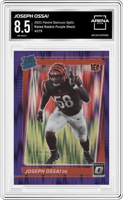 Joseph Ossai from the 2021 Panini Donruss Optic set featuring a Purple Shock parallel graded by Arena Club and given an overall grade of 8.5.