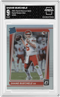 Shane Buechele from the 2021 Panini Donruss Optic set featuring a Holo parallel graded by Arena Club and given an overall grade of 9.