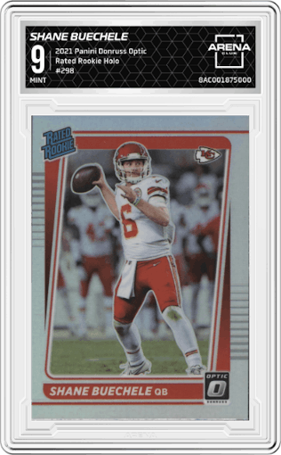 Shane Buechele from the 2021 Panini Donruss Optic set featuring a Holo parallel graded by Arena Club and given an overall grade of 9.