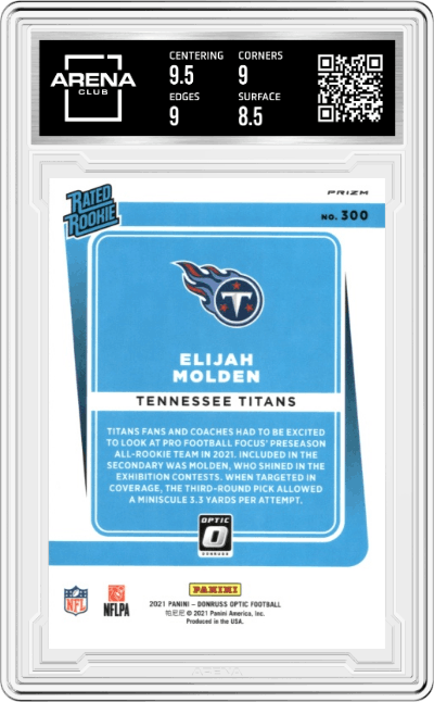 Elijah Molden from the 2021 Panini Donruss Optic set featuring a Purple Shock parallel graded by Arena Club and given an overall grade of 9.