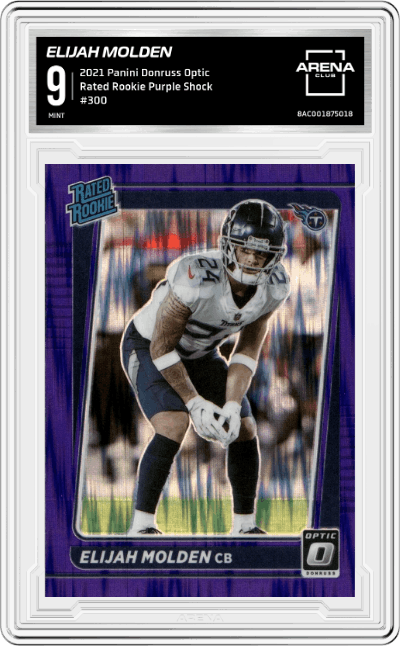 Elijah Molden from the 2021 Panini Donruss Optic set featuring a Purple Shock parallel graded by Arena Club and given an overall grade of 9.