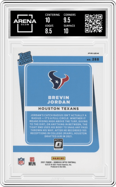 Brevin Jordan from the 2021 Panini Donruss Optic set featuring a Holo parallel graded by Arena Club and given an overall grade of 9.